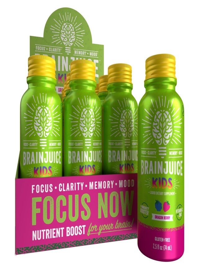 BrainJuice Kids Brain & Immune Support Shot, Gluten Free Supplement Shots for Energy, Focus, Immunity with Vitamin D, C, B, Alpha GPC & Organic Ginger Root, Ages 5+, Dragon Berry, 2.5 fl oz, 12 Pack - Image 1